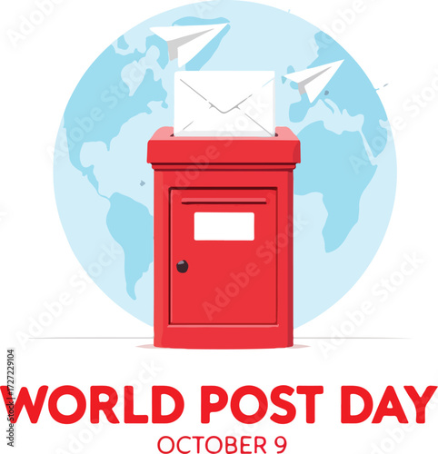 World Post Day illustration with red postbox, envelope, paper airplanes, and globe — global mail and communication theme