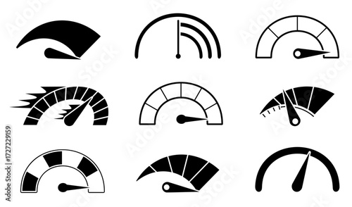 Speedometer icon collection in black silhouette style. Various dial indicators show different levels. Simple design for business and data concepts