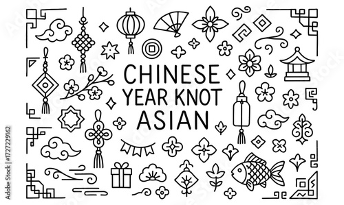 Chinese new year knot design with asian icons in linear black and white style