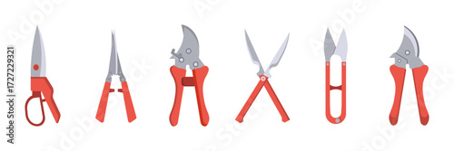 Garden tool collection with pruners and shears. Red handles with silver blades. Tools for trimming and gardening