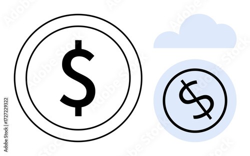 Large dollar coin alongside smaller coin enclosed in a light blue cloud. Ideal for finance, economy, money transfer, savings, investment, digital currency, fintech. Simple flat metaphor