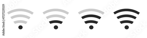 Wifi signal strength icons in black and grey. Four versions represent weak to strong levels. Simple design for technology and connection