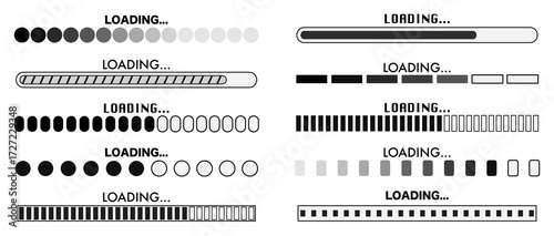 Loading bar collection in black and grey. Different progress indicators show circles and rectangles. Concept for waiting and buffering