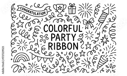 Celebratory doodle design with party ribbons and festive icons