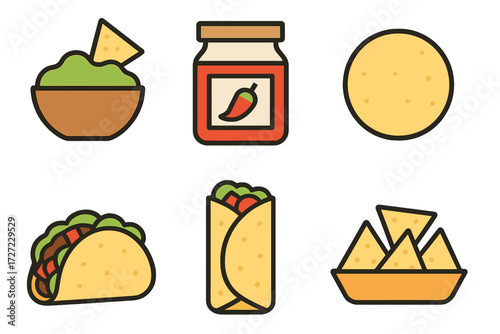 Collection of popular Mexican food icons including guacamole, spicy salsa, tortilla, crunchy taco, hearty burrito, and crispy nachos