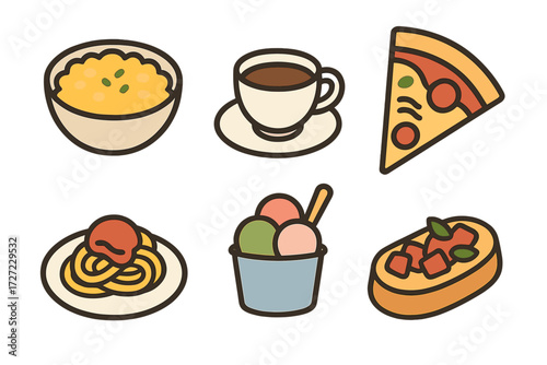 Variety of popular delicious food and beverage items including Italian dishes, coffee, and sweet treats
