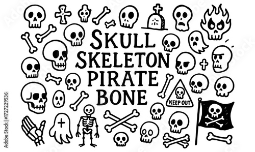 Playful skull and bone doodles with pirate theme on white background