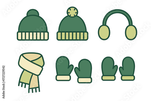 Cozy green winter hats, mittens, scarf, and earmuffs set for cold weather protection and warmth
