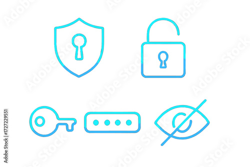 Comprehensive set of digital security, privacy, and access control icons featuring shield, padlock, key, and password symbols for modern interface design