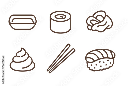 Traditional Japanese cuisine ingredients and dishes: sushi, maki, wasabi, ginger, soy sauce, chopsticks