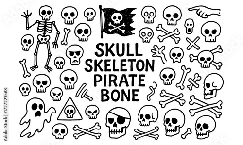 Retro skeleton and skull doodles featuring pirates and ghosts