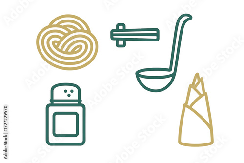 Food and kitchen utensil icons including a pretzel, chopsticks, ladle, salt shaker, and bamboo shoot