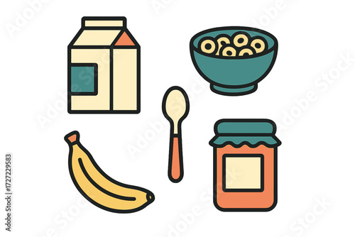 Assortment of common breakfast food items including milk carton cereal bowl banana jam jar and spoon