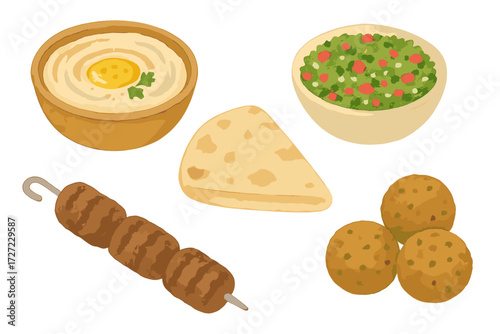 Delicious Middle Eastern cuisine elements including creamy hummus, crispy falafel, warm pita bread, savory kebab, and fresh green salad