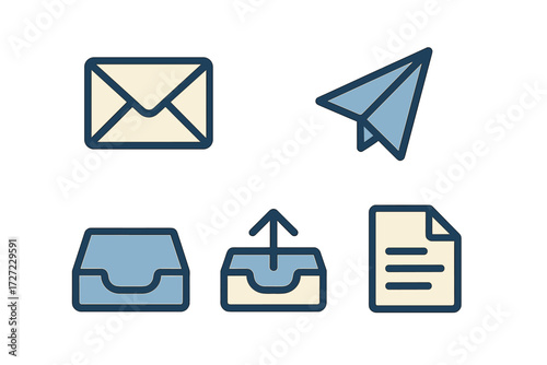 Collection of email, send, inbox, upload, and document icons for digital communication and file management