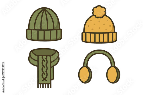 Selection of warm winter clothing accessories featuring knitted beanies pom-pom hat scarf and earmuffs for cold weather