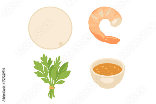 Delicious fresh spring roll ingredients including rice paper, cooked shrimp, green herbs, and savory dipping sauce