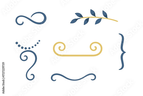 Elegant decorative swirls, flourishes, botanical branch, and curly bracket design elements for graphic projects and embellishments