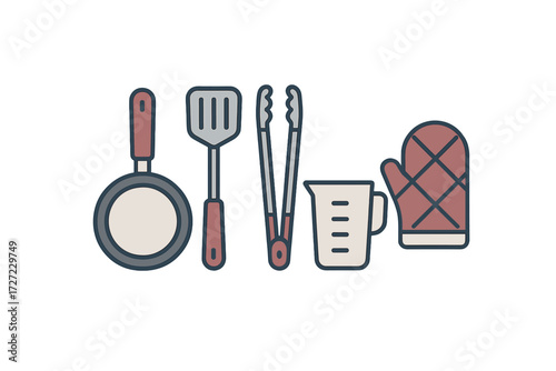 Collection of essential kitchen utensils and cooking tools including a frying pan, spatula, tongs, measuring cup, and oven mitt