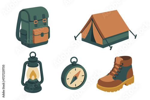 Isometric camping and hiking essentials set featuring a backpack, tent, lantern, compass, and hiking boot for outdoor adventures