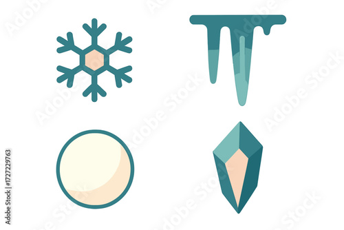 Various stylized winter weather icons including a snowflake, melting icicles, a snowball, and a sharp ice crystal