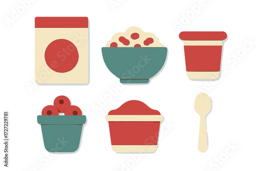 Modern paper cut style breakfast food items with layered shadows and minimalist design, a collection of healthy morning meal elements