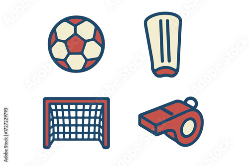 Essential soccer game equipment set including a classic football, goal net, protective shin guard, and referee whistle for sports activity and training