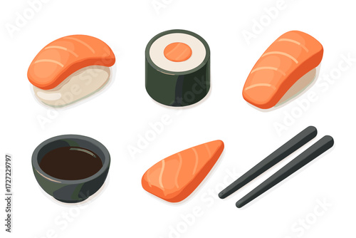Traditional Japanese sushi set featuring maki, nigiri, salmon, soy sauce, and chopsticks on a white background