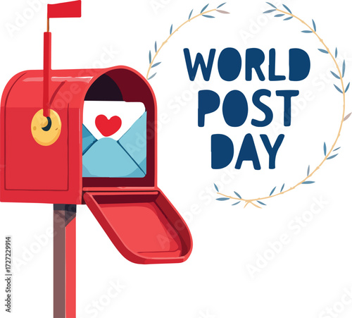 World Post Day illustration with smiling red mailbox, heart envelope, and twig wreath — festive postal celebration design