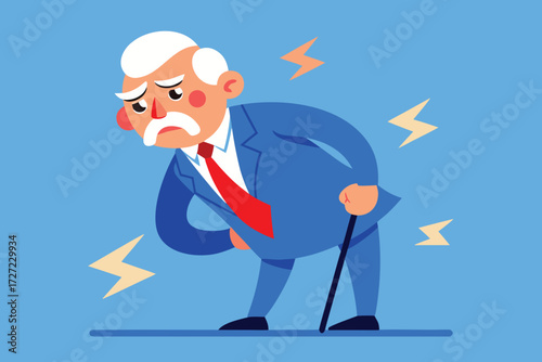 Sad Elderly Man with Pain, Cane, and Blue Suit Illustration on Blue Background