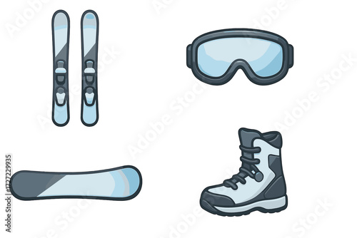 Winter sports equipment set with skis, snowboard, goggles, and boot for cold weather activities