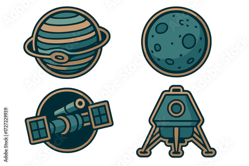 Stylized space exploration icons including a ringed planet, cratered moon, orbiting satellite, and lunar landing module