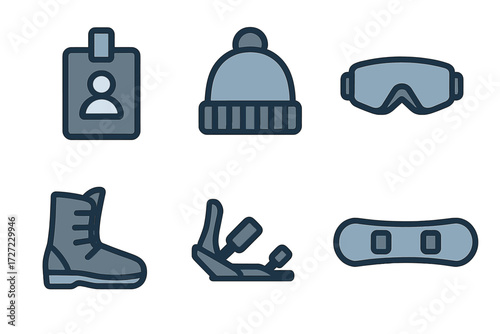 Set of winter sports equipment and apparel icons for snowboarding activities, featuring snowboard, boots, goggles, and a warm hat