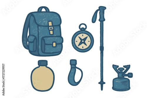 Essential outdoor adventure equipment for hiking and camping trips with backpack, compass, and stove