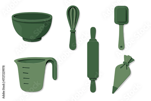 Essential kitchen baking tools set including mixing bowl whisk rolling pin spatula measuring cup and piping bag