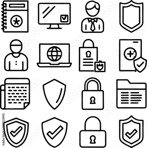 Collection of security and data icons featuring shields locks documents and people for digital and cybersecurity concepts