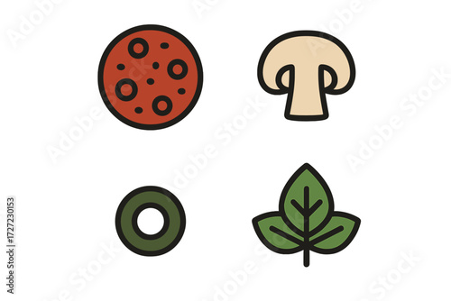 Collection of common pizza topping ingredients including pepperoni, mushroom, onion, and fresh basil leaf