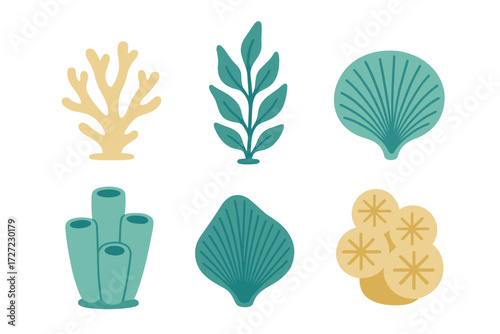 Colorful stylized collection of diverse underwater marine life elements including coral, seaweed, and seashells