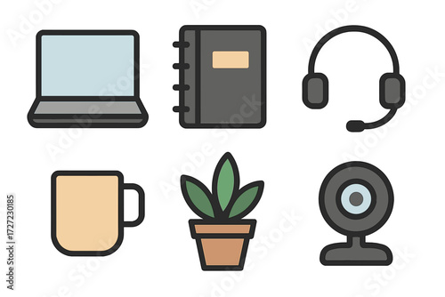 Modern office and home workspace setup with laptop, notebook, headphones, coffee mug, plant, and webcam