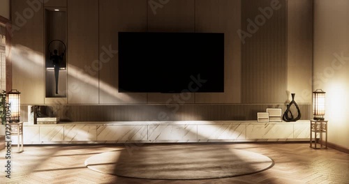 Cabinet wooden japanese design on living room zen style empty wall background.3D rendering