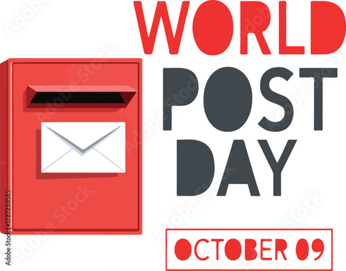 World Post Day illustration with red mailbox, envelope, bold text, and October 9 date — stylized postal celebration design