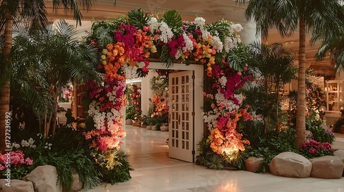 Romantic wedding entrance decorated with floral orchids high resolution picture