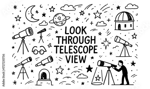 Explore the cosmos: telescope viewing doodle with stars and planets