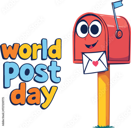 World Post Day cartoon illustration with smiling red mailbox, heart envelope, and colorful text — festive postal celebration