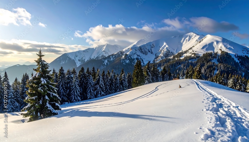 Fototapeta premium Snowy mountain landscape at sunrise