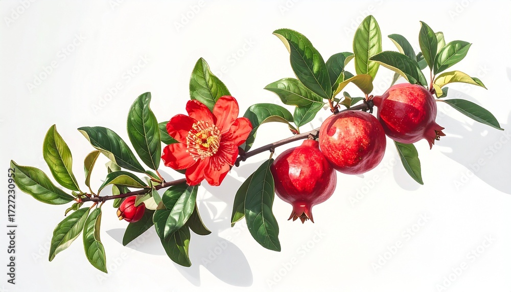 Obraz premium A pomegranate branch with flower and fruit realistic detail white background with subtle shadows 