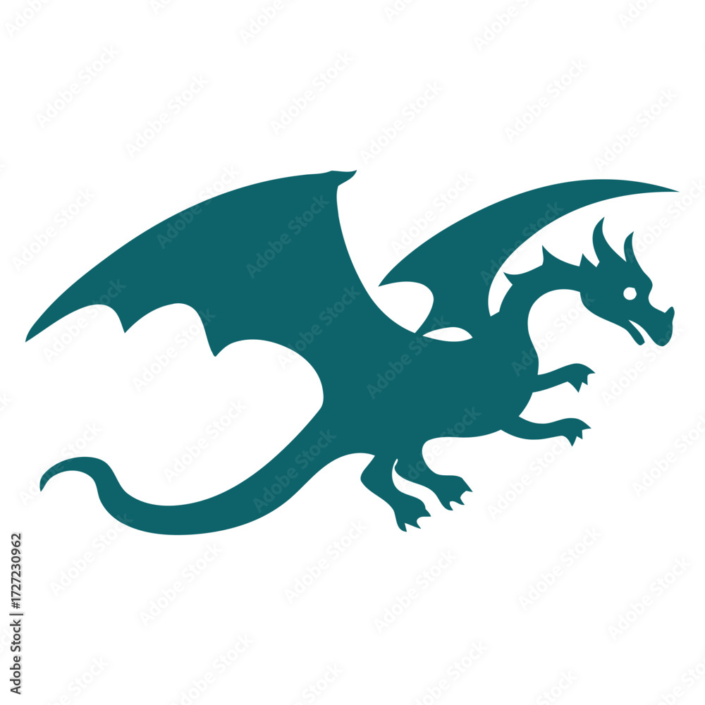 Fototapeta premium Flying Dragon Silhouette: Fantasy Creature, Mythological Beast, and Power Symbol, vector illustration of a cartoon dragon