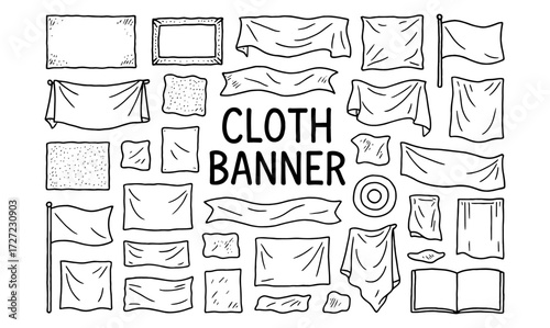 Hand drawn cloth banners and flags set in sketch style