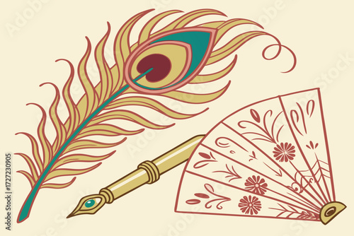  peacock feather, traditional indian fan, gold paint brush, calligraphy, traditional indian patterns, colorful, vibrant, intricate details, ornate, decorative