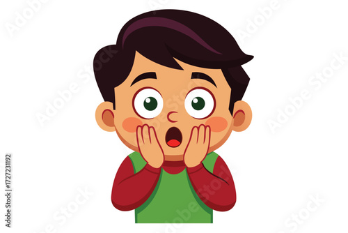 Shocked Cartoon Boy with Hands on Cheeks and Wide Eyes